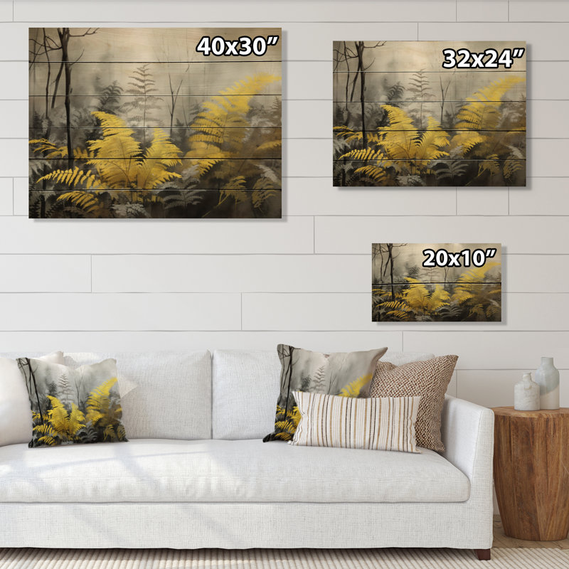 Fougère jaune gris rêve II sur bois, H 30 po x l 40 po x P 0,78 po