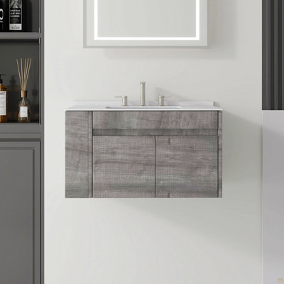 Meuble-lavabo flottant 30 po avec lavabo, porte à fermeture en douceur, comptoir et dosseret en marbre de culture blanc de 0,6 po Carrara, contreplaqué, gris