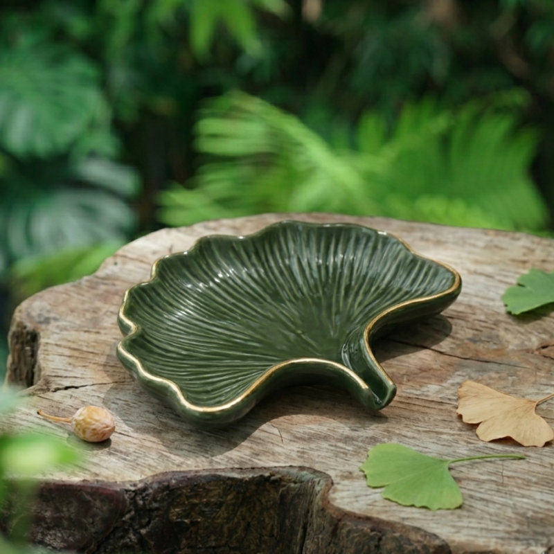 Soap Dish - Ceramic Golden Leaf, White