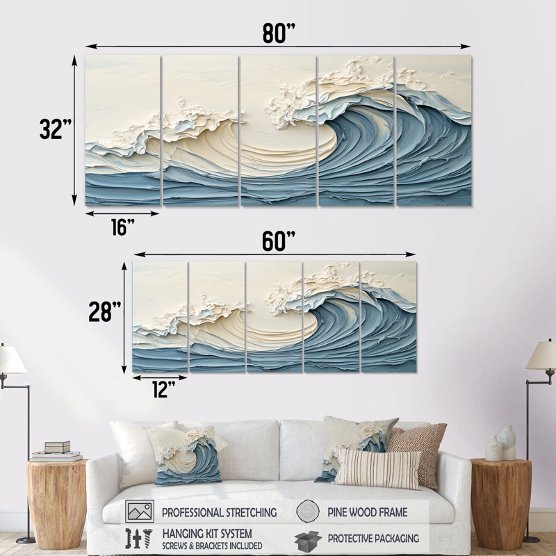 Ensemble de salon art mural blanc et bleu Wave I - Coastal Waves, H 28 po x l 60 po
