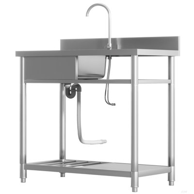 39 Inch Outdoor Utility Sink, Deep Stainless Steel Sink, Free Standing Single Bowl Kitchen Sink with Cold and Hot Water Pipe and Storage Shelf for Laundry Garage
