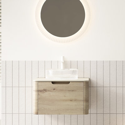 Meuble-lavabo de salle de bain rond en verre transparent avec armoire en contreplaqué de 24 po, - Pierre frittée à motif, système de fermeture en douceur, pré-assemblé, lavabo à finition chêne blanc, tiroir flottant, plateau en pierre, couleur