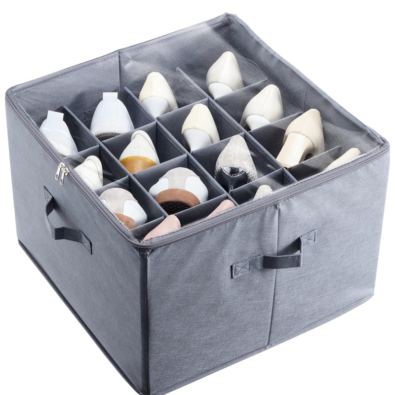 Boîte à chaussures à glisser sous le lit, 16 compartiments, séparateurs ajustables, fenêtre transparente, respirante et pliable, idéale pour le rangement saisonnier des vêtements. Organisateur transparent avec poignées renforcées. Se glisse sous le lit.