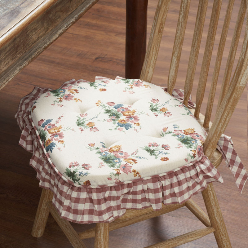Margaret Floral Ruffled Cotton Chair Pad - 15.5x17 - Dusty Rose & Natural Cushioned Seat Cushion