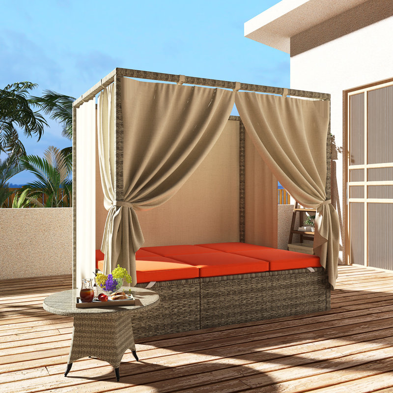 Patio Wicker Adjustable Sun Bed With Curtain, Orange