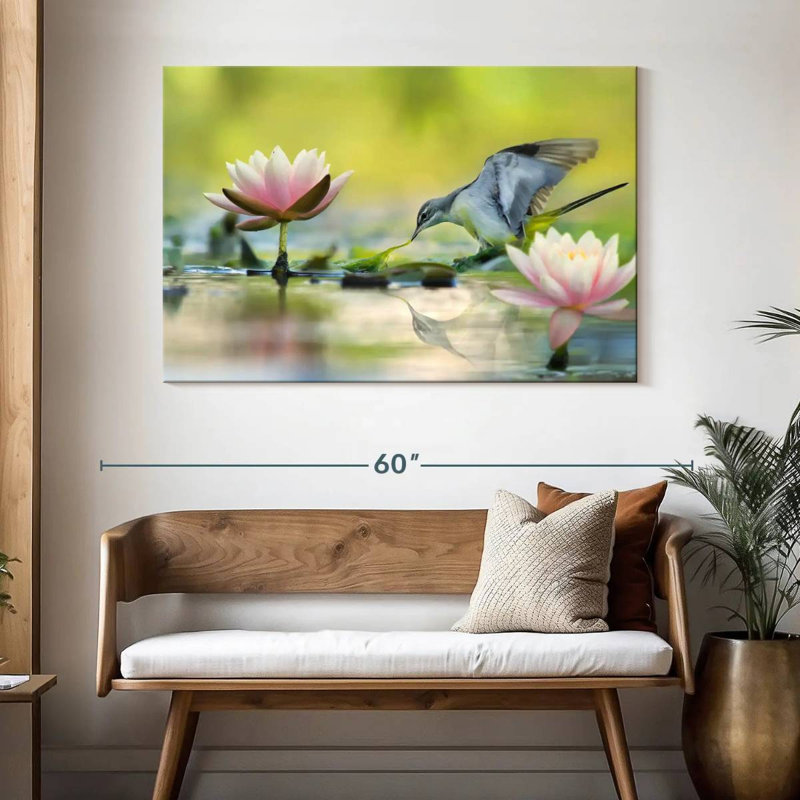 Bruyère lotus et oiseau gris, H 32 po x l 48 po