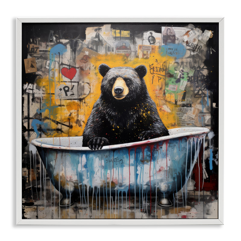 Graffiti Bathing Bear Giclee Art by Lazar Studio, Coastal White Framed Giclee, 24" H x 24" W