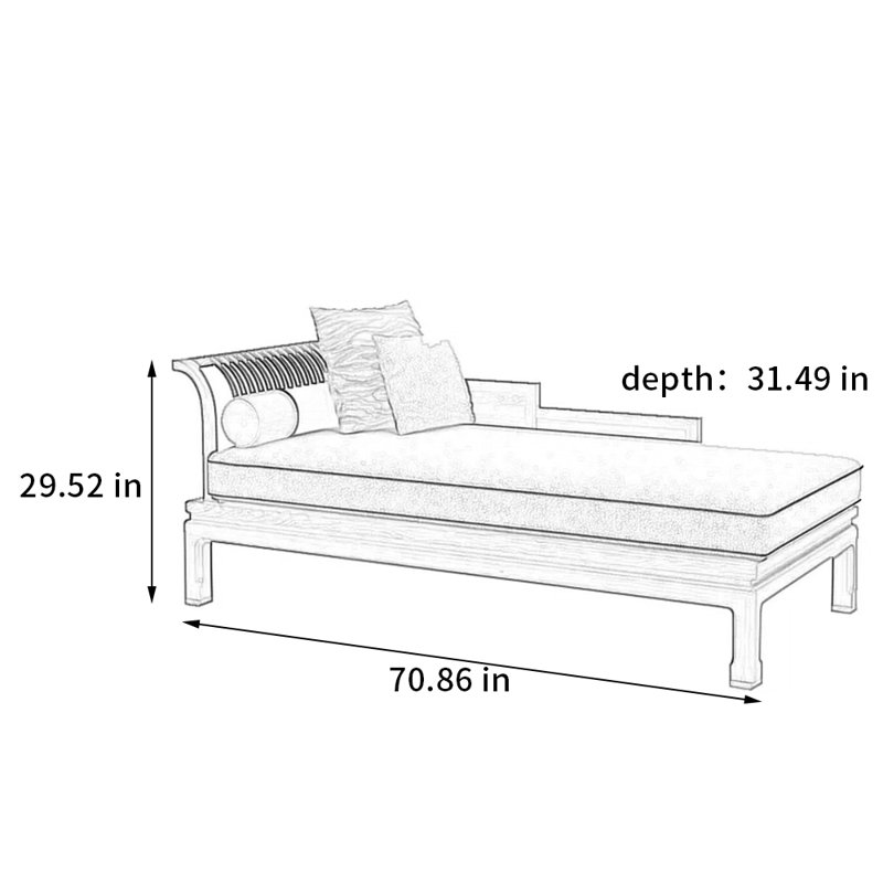 Chaise longue rembourrée en bois massif chinois, Chaise longue à accoudoir gauche