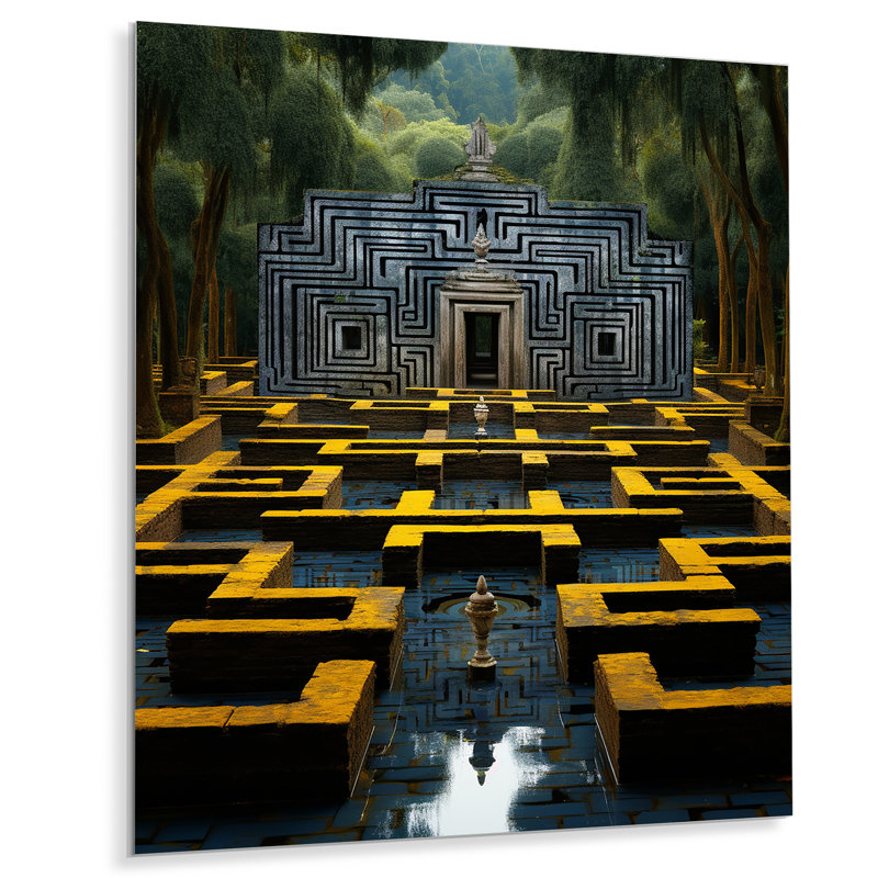 Ancienne pierre Maya gris et jaune labyrinthe I - art mural en métal labyrinthe, H 20 po x l 12 po x P 1 po