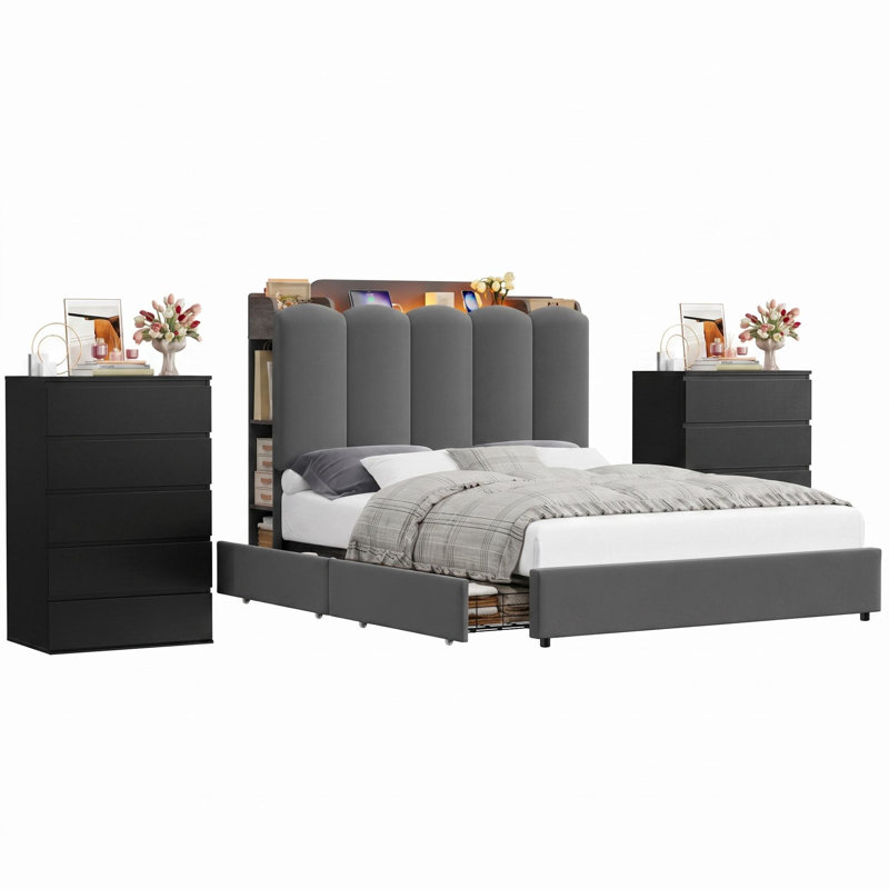 Ensemble de chambre à coucher 3 pièces comprenant un lit à DEL, 2 tiroirs sous le lit et une commode à 5 tiroirs (2 pièces).