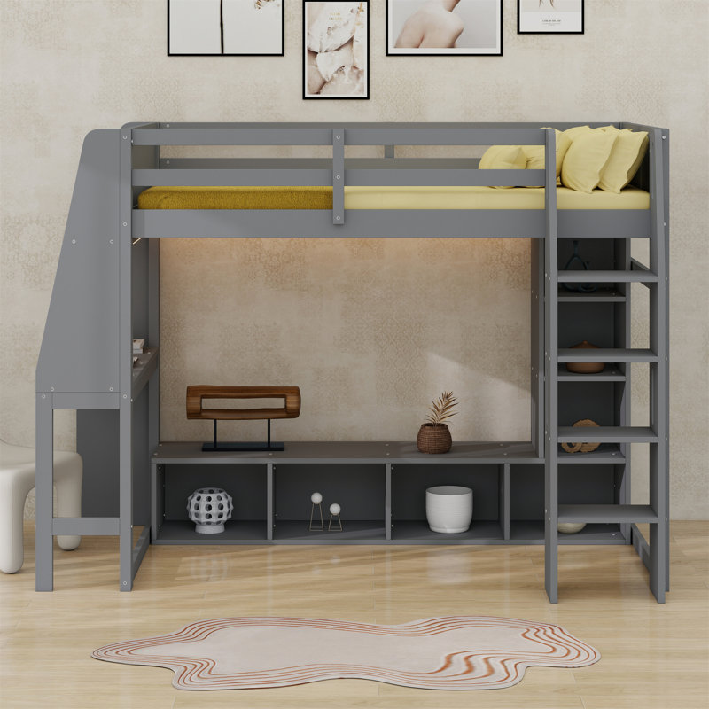 Lit mezzanine en bois avec bureau, étagères à rangement multiples, DEL et portemanteau suspendu
