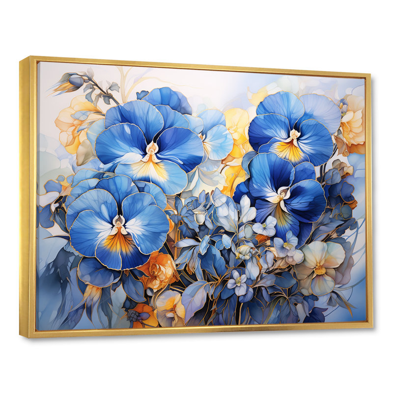 «Elegant Blue Pansy Garden» sur impression sur toile, Cadre flottant doré, H 34 po x l 44 po x P 1,5 po