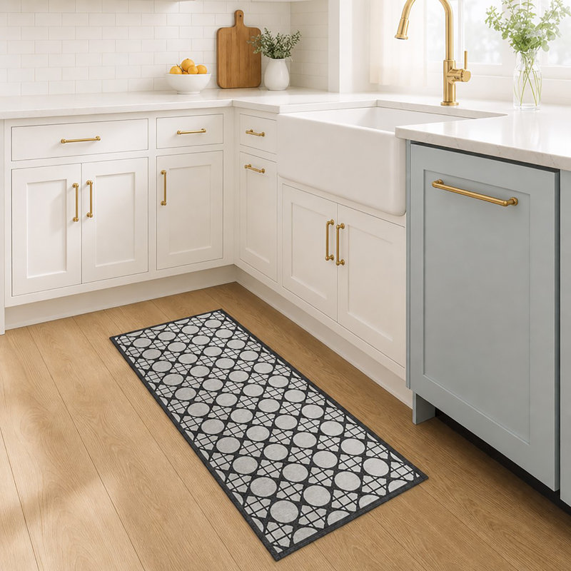 Circles Gray Kitchen Runner Rug 20x48, Gray/Black Geometric, Runner 1'8" x 4"