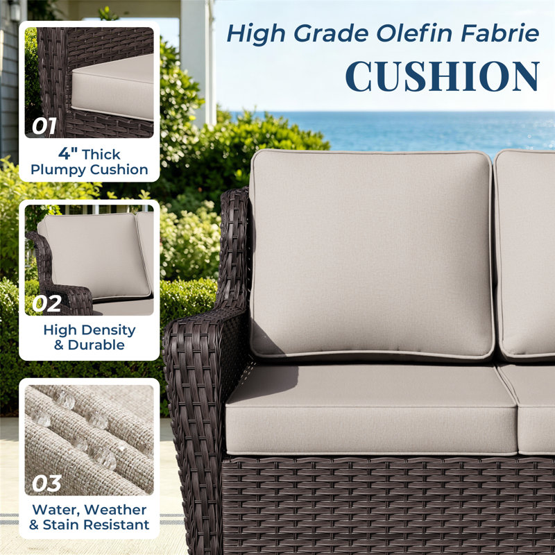 2-Person Outdoor PE Wicker Patio Loveseat with 4" Beige Cushions, Beige