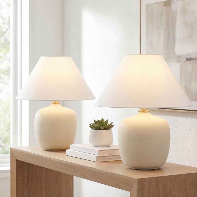 Lampe de table DEL minimaliste scandinave en fer / résine 18,25 po Delphi, Crème mat