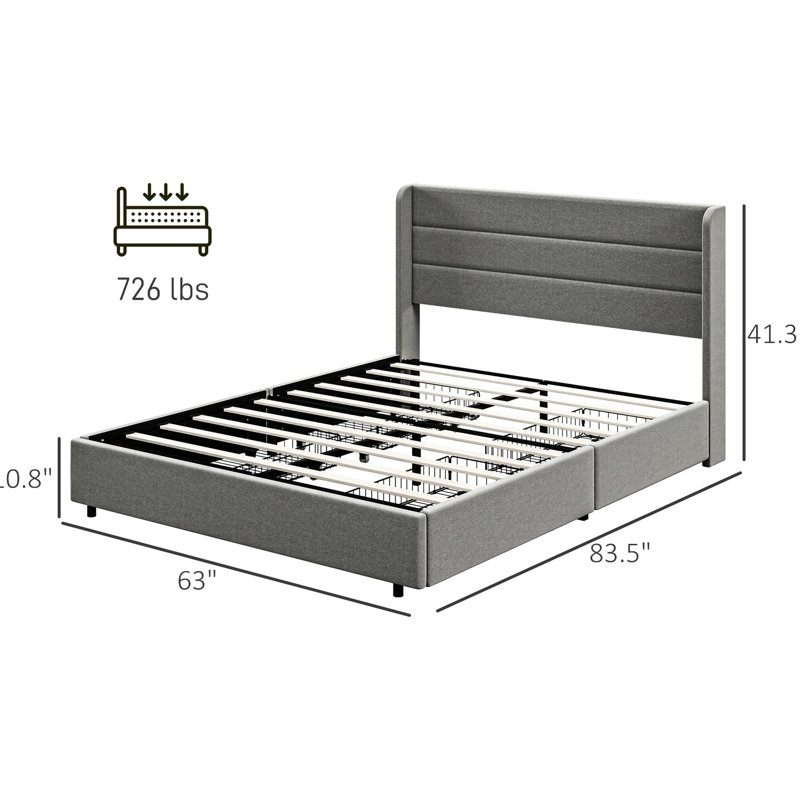 Structure de lit plateforme tapissier grand avec tiroirs, construction silencieuse, assemblage facile, rangement gris, silencieux