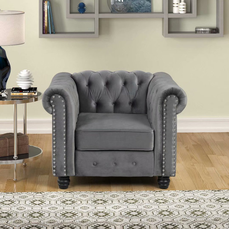 Eisner Velvet Chesterfield Chair, Gray Velvet