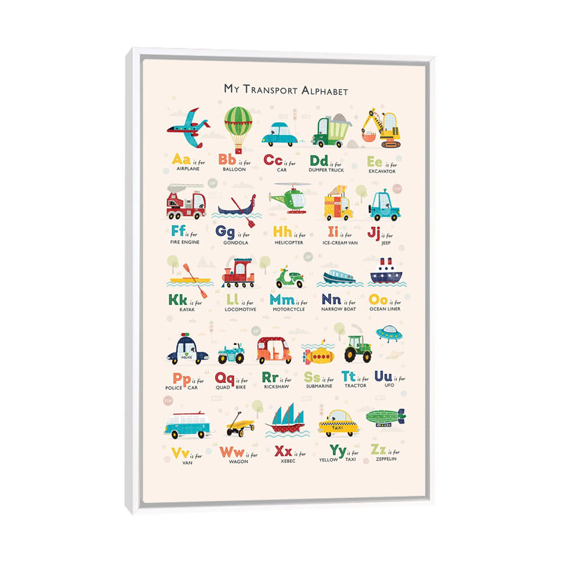 Retro Transport Alphabet - impression d'art graphique, H 60 po x l 40po x P 1,5 po, Toile blanche encadrée, Pas de tapis