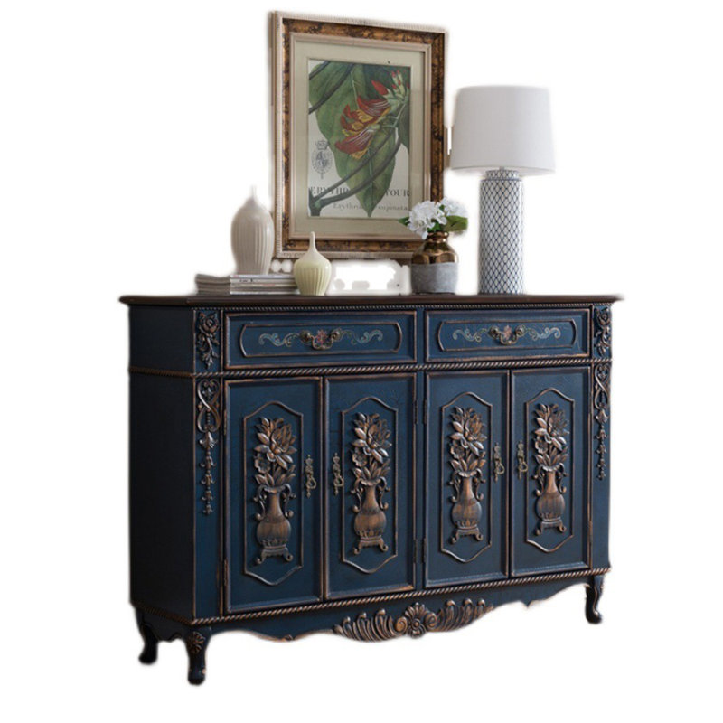 European American Solid Wood Carved Shoe Cabinet 21 Pair Shoe Storage Cabinet