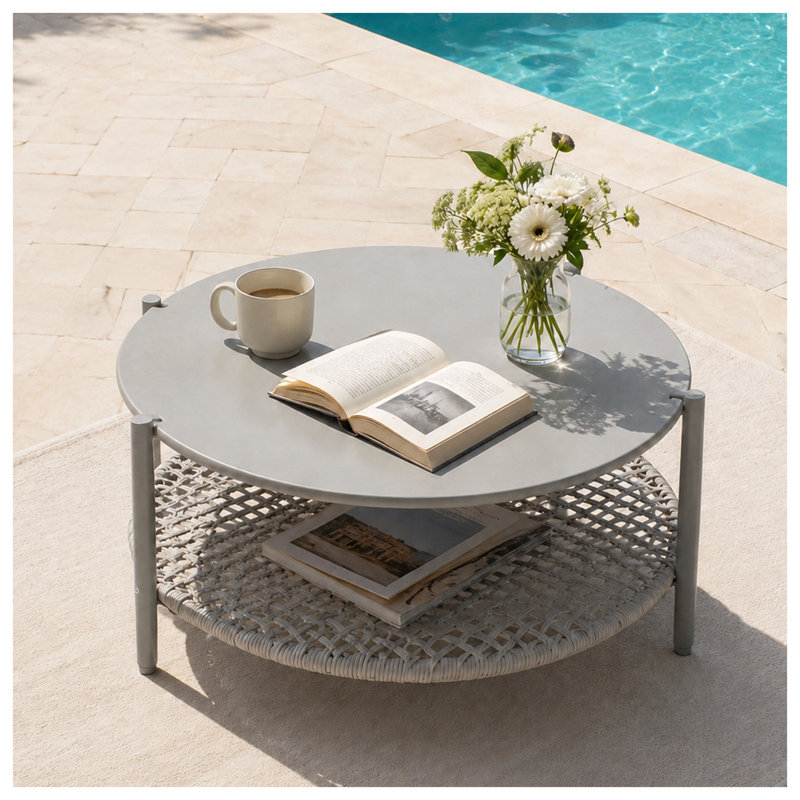 Table basse ronde d'extérieur moderne à deux niveaux, plateau en fer antirouille et étagère en rotin en PE tressé à la main, idéale pour terrasse, jardin et balcon.