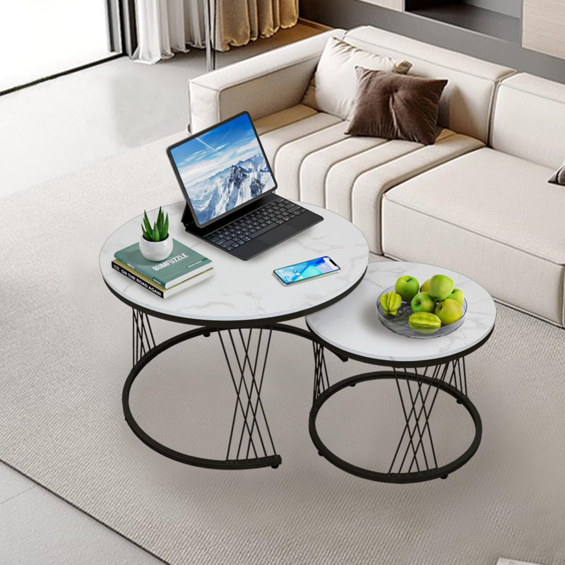 Nesting Coffee Table Set Of 2, Round Side Tables For Living Room, Apartment (), Black