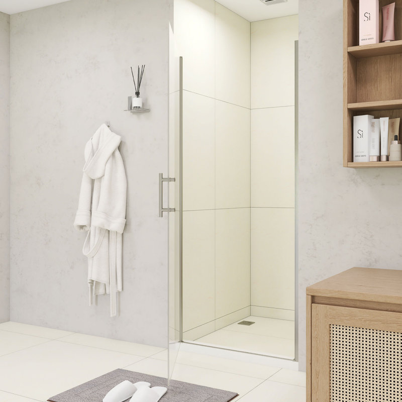34" W × 72" H Pivot Shower Door – 1/4"(6Mm) Tempered Glass With Explosion-Proof Film, Stainless Steel Handle, Matte Black Aluminum Half Frame, Modern Minimalist Design