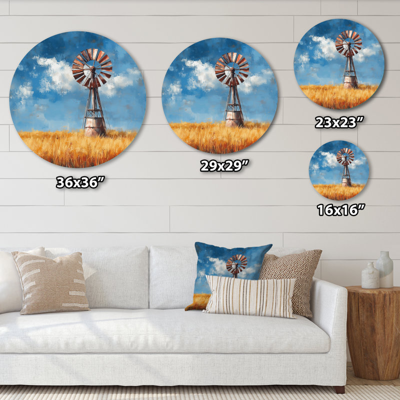 Rustic Windmill In Wheat Field - Barn Round Metal Wall Decor, 36" W x 36" H