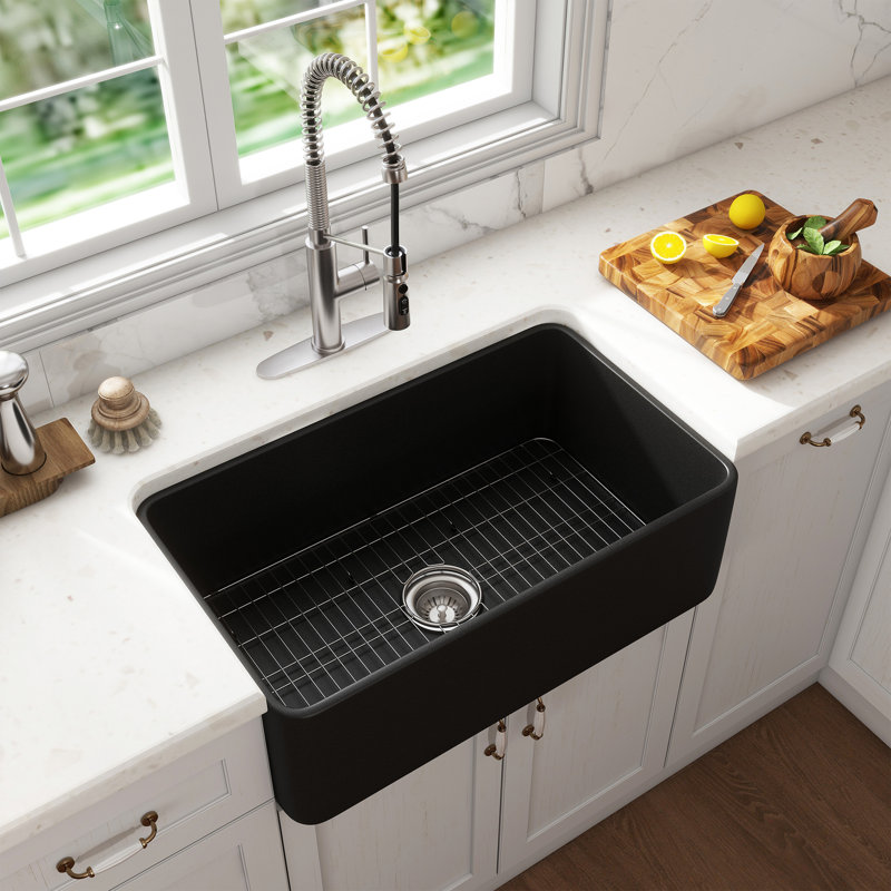 Évier de cuisine à simple cuve en argile réfractaire simple avec robinet inclus Casainc, Nickel brossé