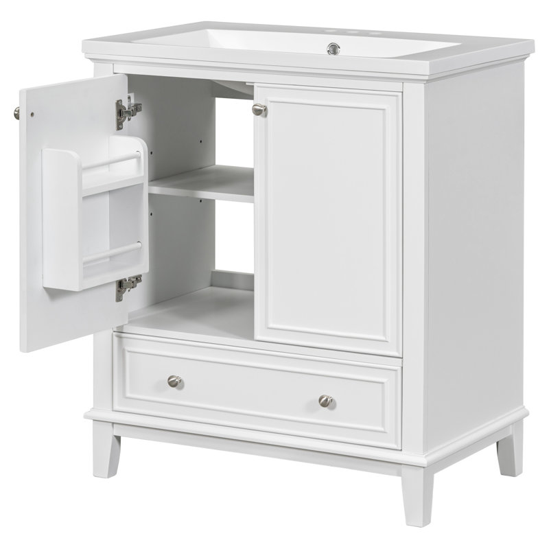 30'' Single Bathroom Vanity with Ceramic Top, Multi-functional Solid Frame Bathroom Cabinet, White