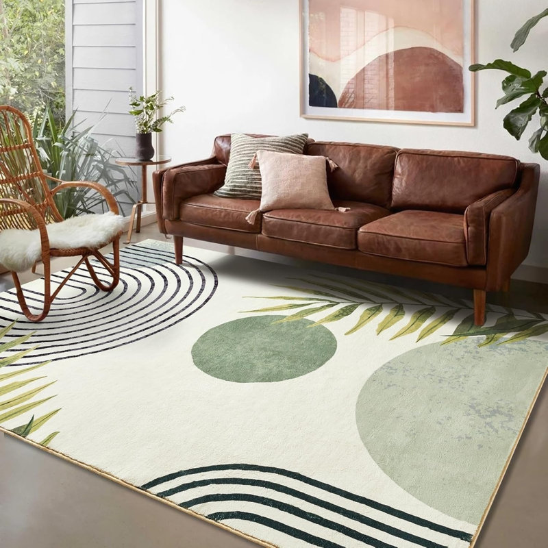 Tapis vert feuille Boho 5 pi x 7 pi pour chambre à coucher