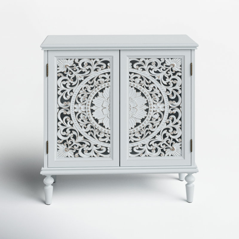 Hayter 32" Tall 2-Door Openwork Carving Accent Cabinet with Solid Wood Legs, White