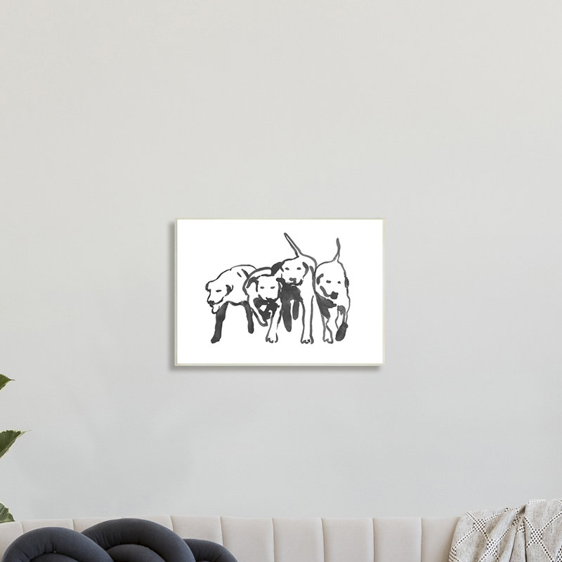 Rangée de chiens noirs avec contour aquarelle blanc, H 13 po x l 19 po, Bois
