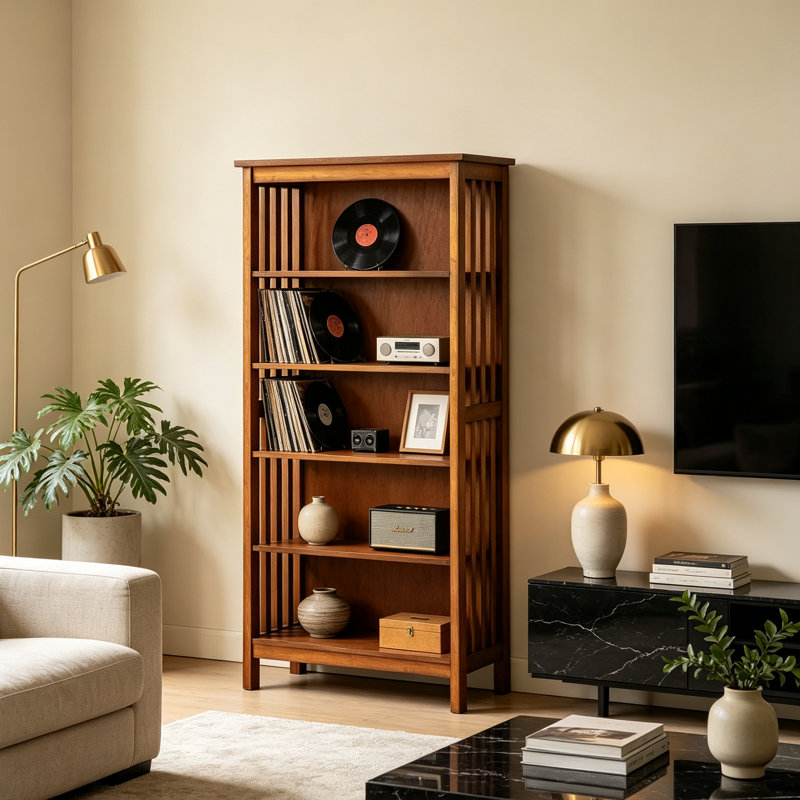 Superbe étagère à livres en bois massif avec finition bois de chêne antique et bibliothèque à 5 tablettes