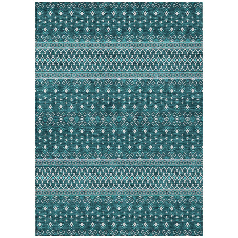 Tapis intérieur / extérieur 9 pi x 12 pi bleu sarcelle lavable turquoise et ivoire Tribal