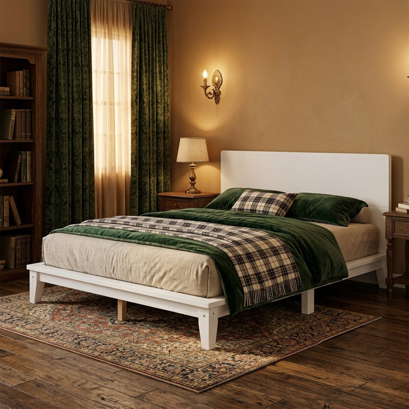 Base de lit plateforme moderne à profil bas avec tête de lit en bois de pin massif, aucun sommier requis, support robuste
