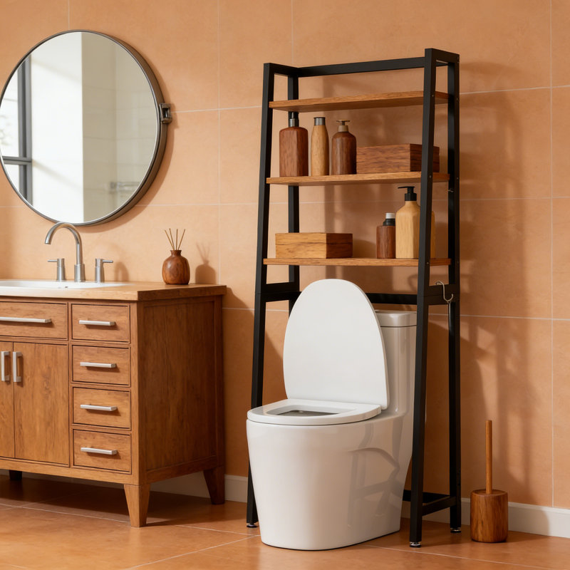 3-Tier Over The Toilet Storage Cabinet Freestanding With 3 Hooks Black Rustic Brown, Rustic Brown