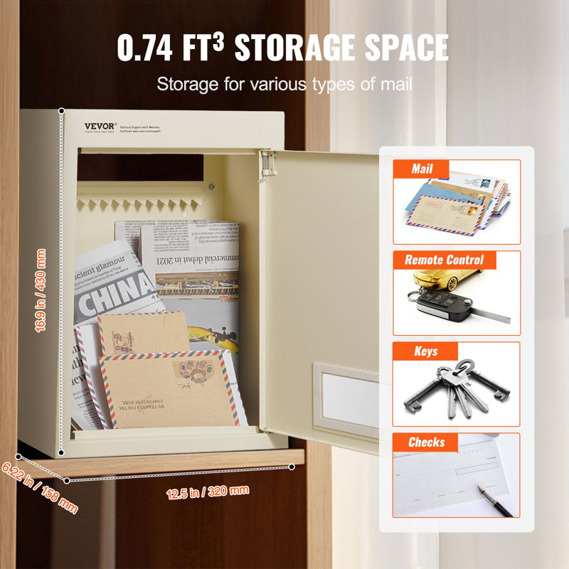 Boîte aux lettres traversante en acier robuste avec serrure à combinaison de 2,8 à 7,9 po 13 po, boîte aux lettres 12,5 po x 6,3 po x 16,9 po, beige