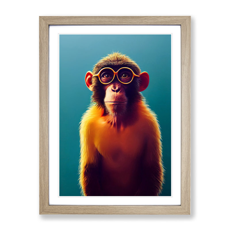 Brainy Monkey - Single Picture Frame Painting, 46cm H x 34cm W x 2cm D, Oak