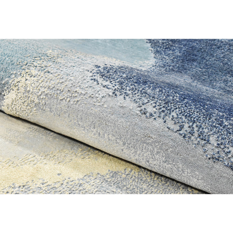 Tapis argent / bleu / ivoire noué à la main de haute qualité, Rond 8 pi