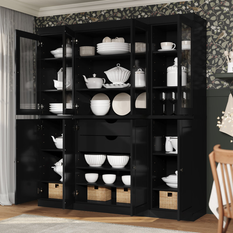 Armoire de cuisine haute 100% en bois massif avec portes en verre et 2 tiroirs, tablettes réglables, armoire de rangement modulaire de cuisine Pulcova, l 65 po x H 71,5 po