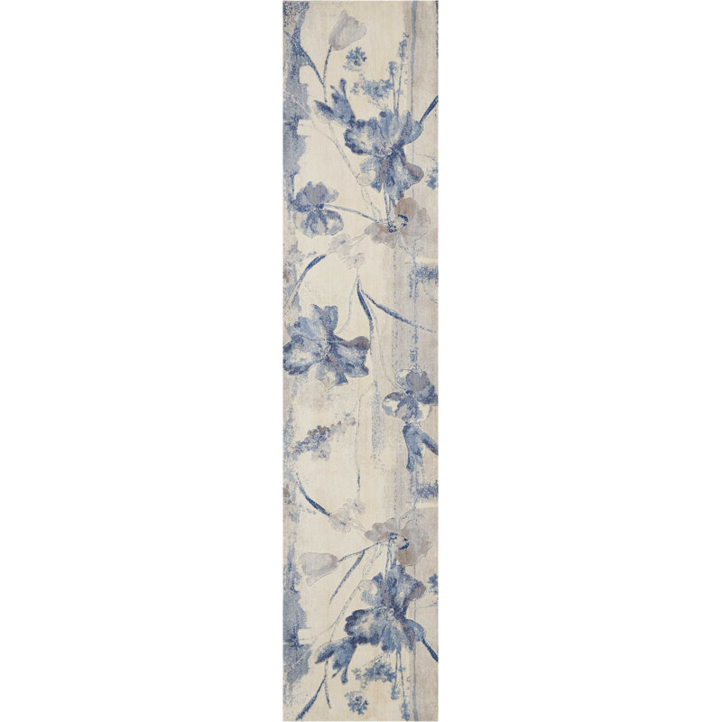 Tapis bleu / ivoire à motif floral Arnim, Tapis de couloir 2 pi 3 po x 10 pi