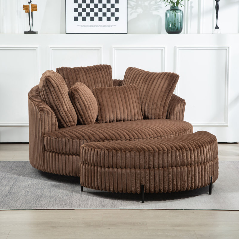 Fauteuil demi-tonneau rembourré avec repose-pieds, Fausse fourrure brune
