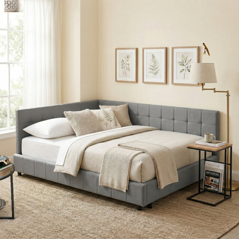 Modern Upholstered Daybed with Channel-Tufted Backrest, queen Size, Gray