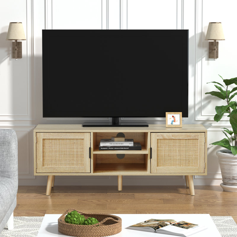 Wood Rattan TV Stand for TVs Up to 65 Inch Media Console with Natural Rattan Doors Herringbone Top Open Shelving and Cable Management for Living Room