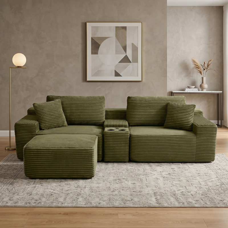 Canapé modulaire en velours côtelé 4 pièces avec repose-pieds, console de rangement et porte-gobelets Modern, Vert