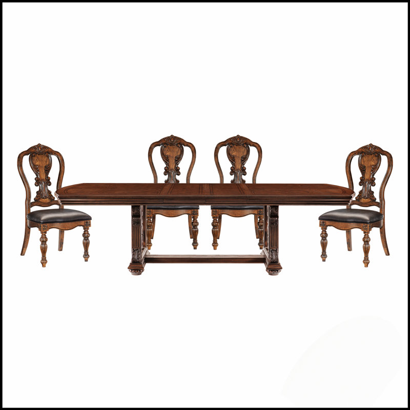 Ensemble de salle à manger de style formel 5 pièces avec rallonge et 4 chaises d'appoint, finition chêne foncé pour des réunions élégantes
