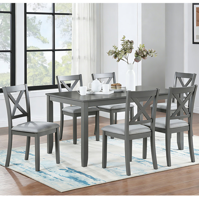 Ensemble de table et chaises de salle à manger en bois massif 7 pièces, table moderne de 58,5 pouces avec 6 chaises rembourrées pour la cuisine, la salle à manger, gris