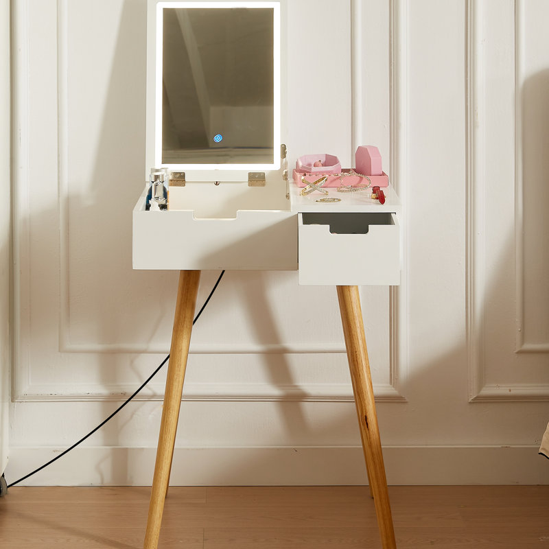 Coiffeuse de maquillage avec lumières à DEL 3 couleurs et tiroirs de rangement, look naturel pour bureau de chambre à coucher, miroir blanc 2 pièces de style moderne,