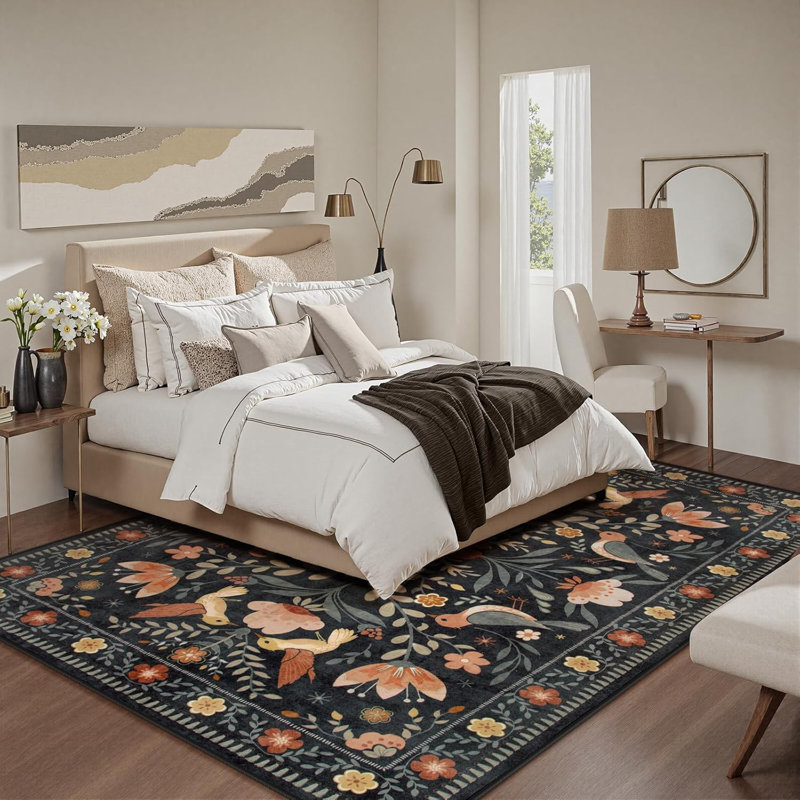 Goldene Boho Bird Area Rug Washable Rugs for Living Room, Large Floral Bedroom Carpet Low-Pile, Rectangle 5' x 7'