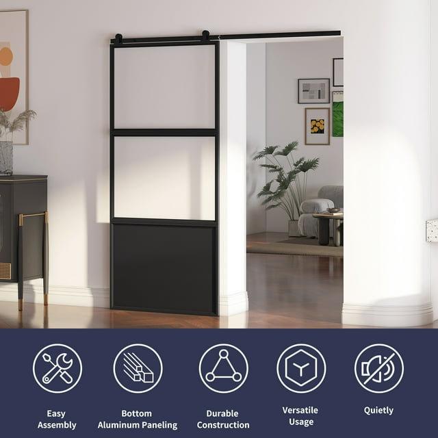 Black Aluminum and Frosted Glass Sliding Barn Door with Hardware Kit